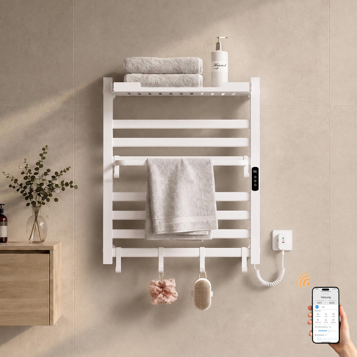 HANDTUCHHEIZKÖRPER 70/60 cm Weiß elektrisch 233 W mit WLAN, Ablage und 6 Haken - Weiß, Metall (60/70/20cm) - S'AFIELINA