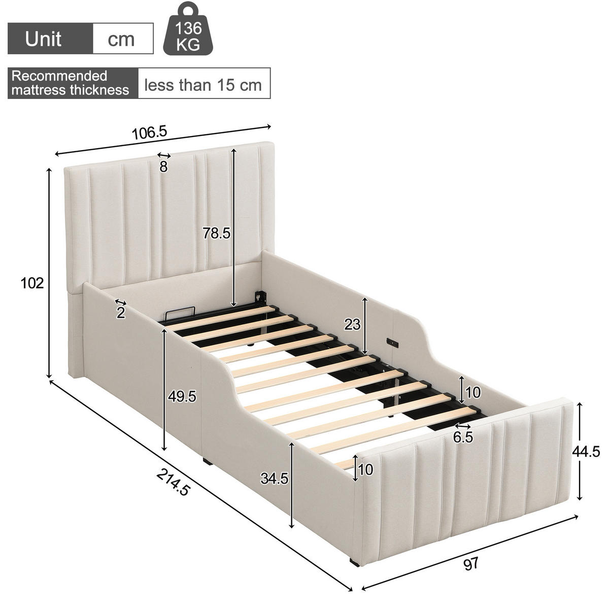 KINDERBETT 90/200 cm mit hydraulischem Bettkasten, Lattenrost, gepolsterten Seitenlehnen und Leinenbezug, Beige - Beige, Textil (90/200cm) - Redom