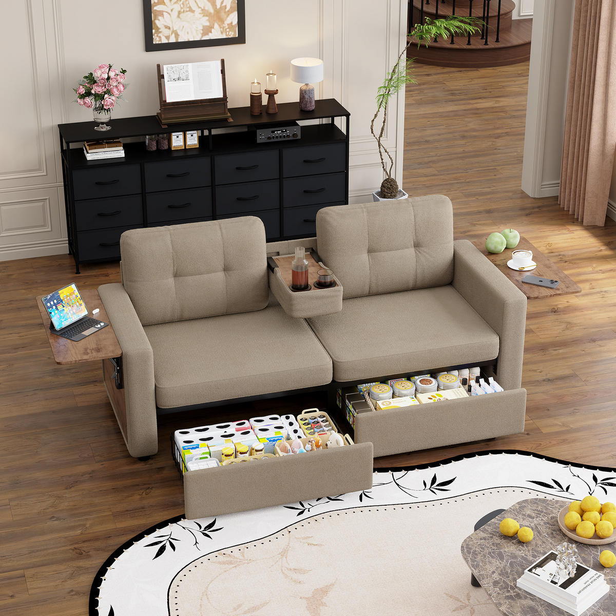 2-SITZER-SOFA mit Laptop-Tisch und Stauraum, DE-42611, Khaki - Sandfarben, Metall (178/57.5/71cm) - ComfortXL