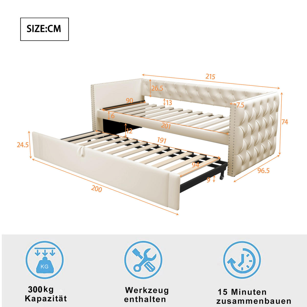 SCHLAFSOFA 90/200 cm in Beige Samt mit Ausziehfunktion und Lattenrost - Beige, Holzwerkstoff/Textil (90/200cm) - WISHDOR