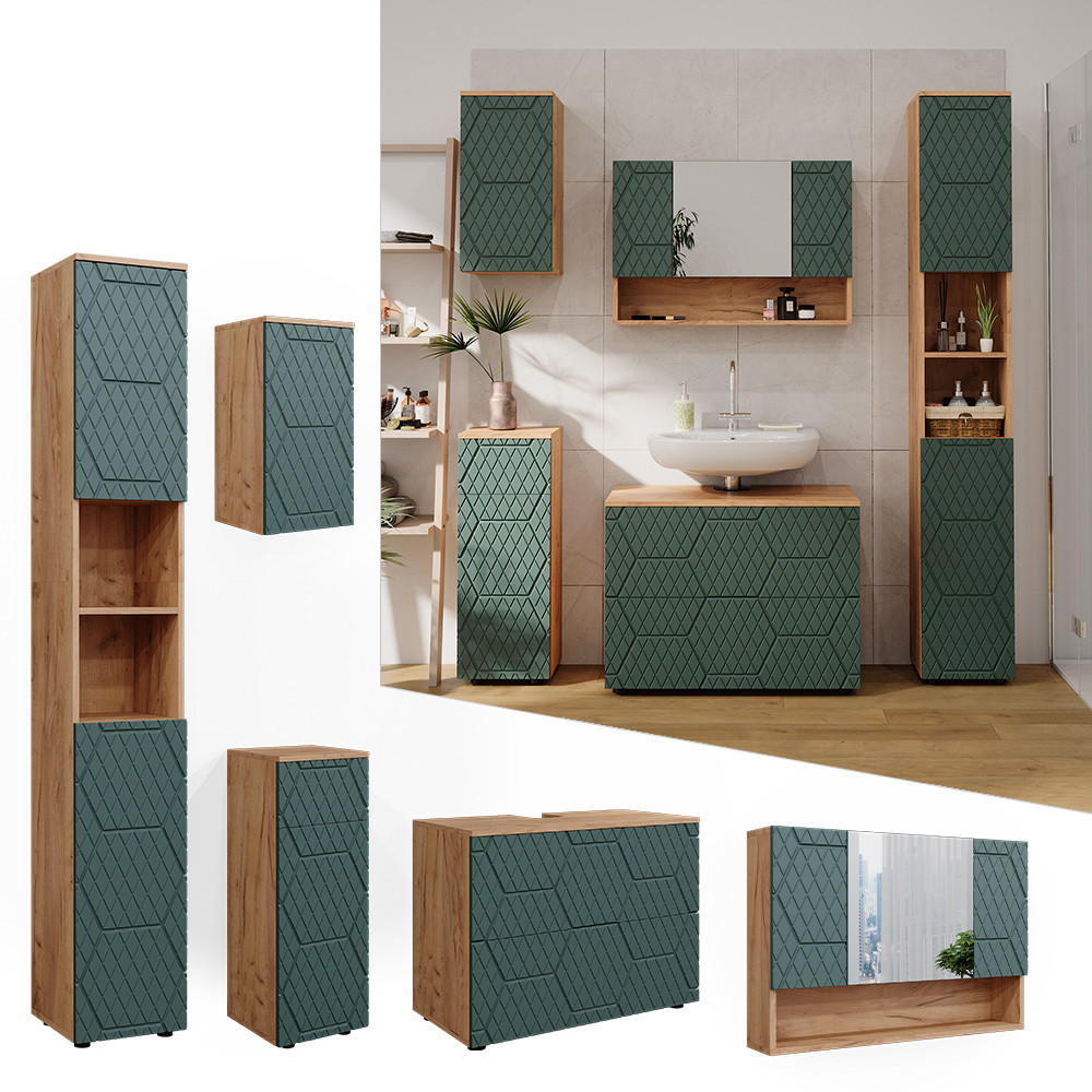 BADMÖBEL-SET Irma Grün 5 Teile - Eiche Wotan/Grün, Holzwerkstoff (80/58.6/41cm) - Vicco