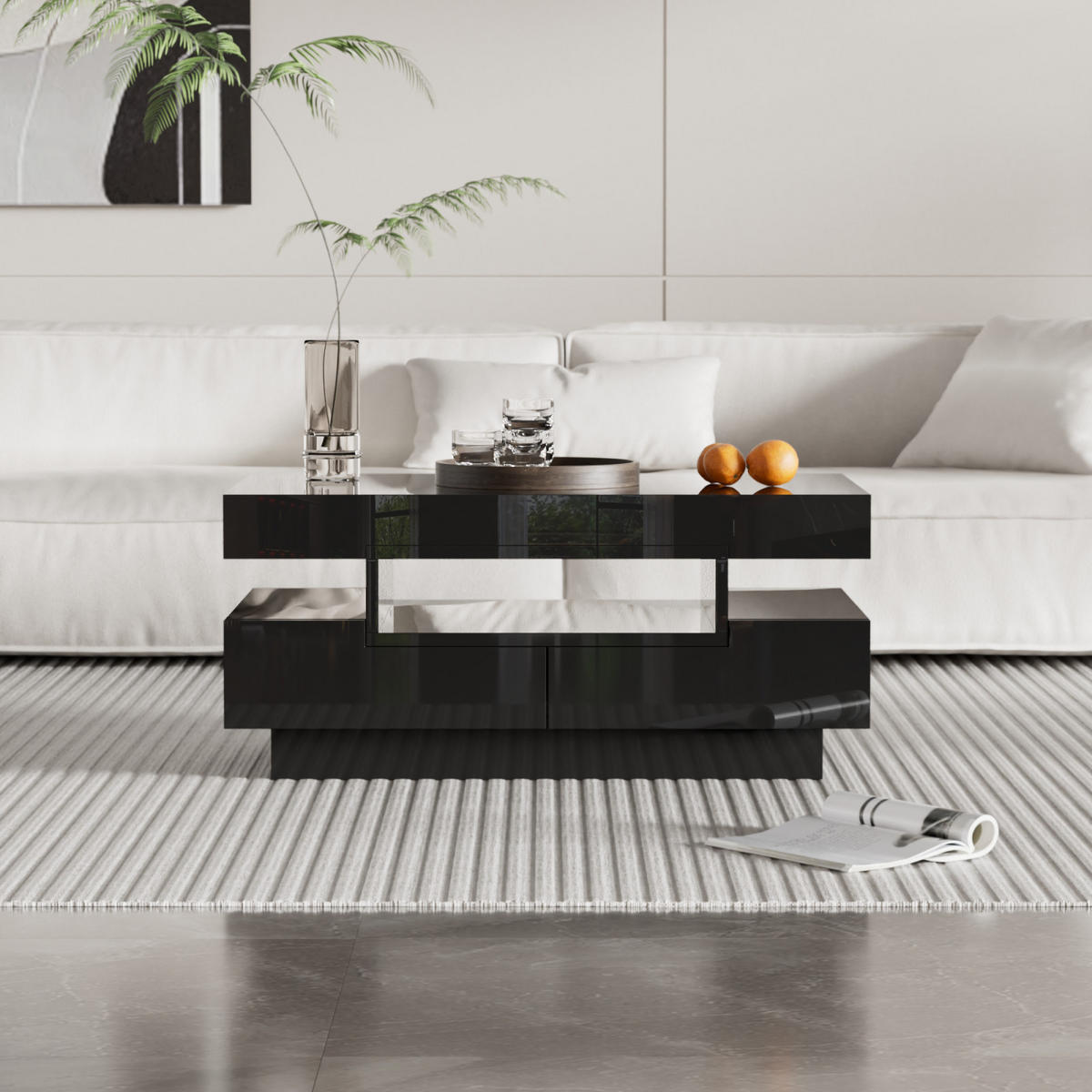 COUCHTISCH Schwarz Weiß mit LED, Stauraum und 4 Schubladen - Schwarz, Metall (80/50/36cm)