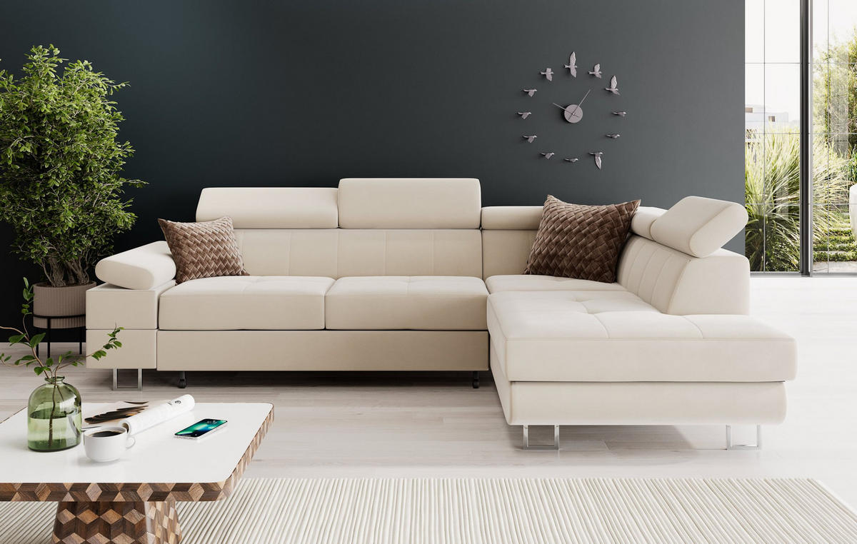 ECKSOFA CAROLINE Rechts Gelb matter Veloursstoff mit Schlaffunktion und Bettkasten - Chromfarben/Gelb, Textil (253/190cm) - Barchello