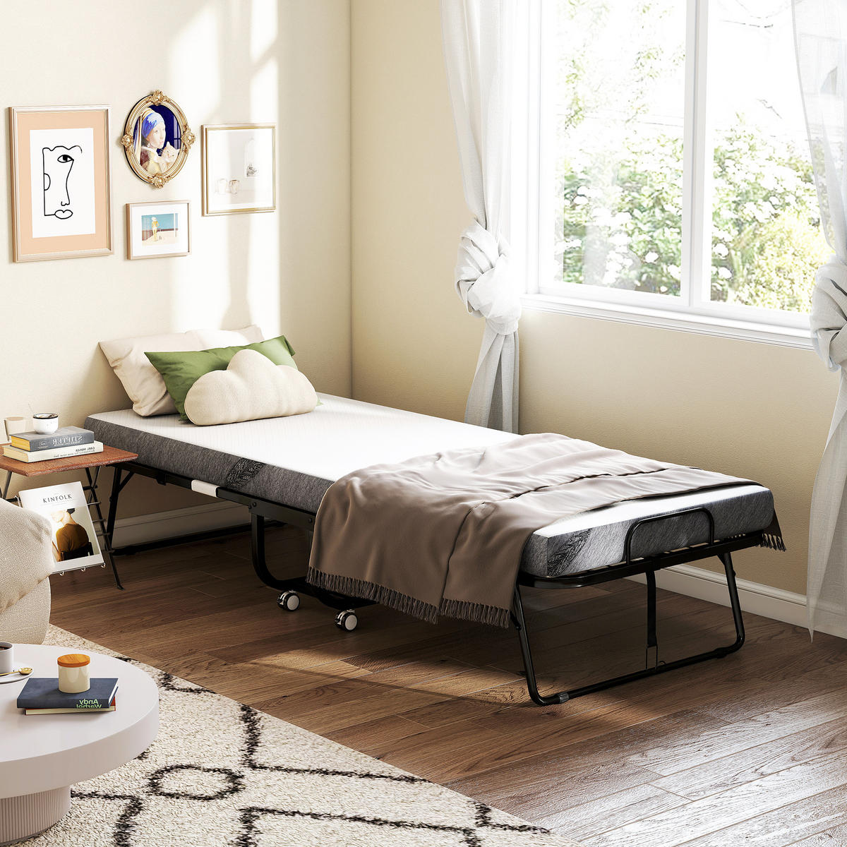 GÄSTEBETT 2-in-1 Klappbett mit Rollen klappbar Stahl+Schaumstoff Weiß+Schwarz - Weiß, Metall - HOMCOM