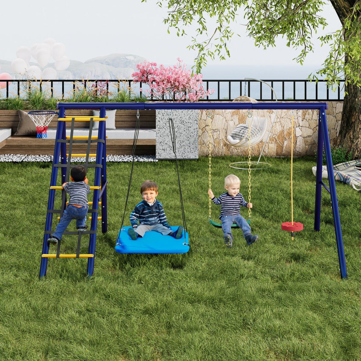 SCHAUKELSET Outdoor 3 Schaukeln - Blau, Metall (310/203/174cm)