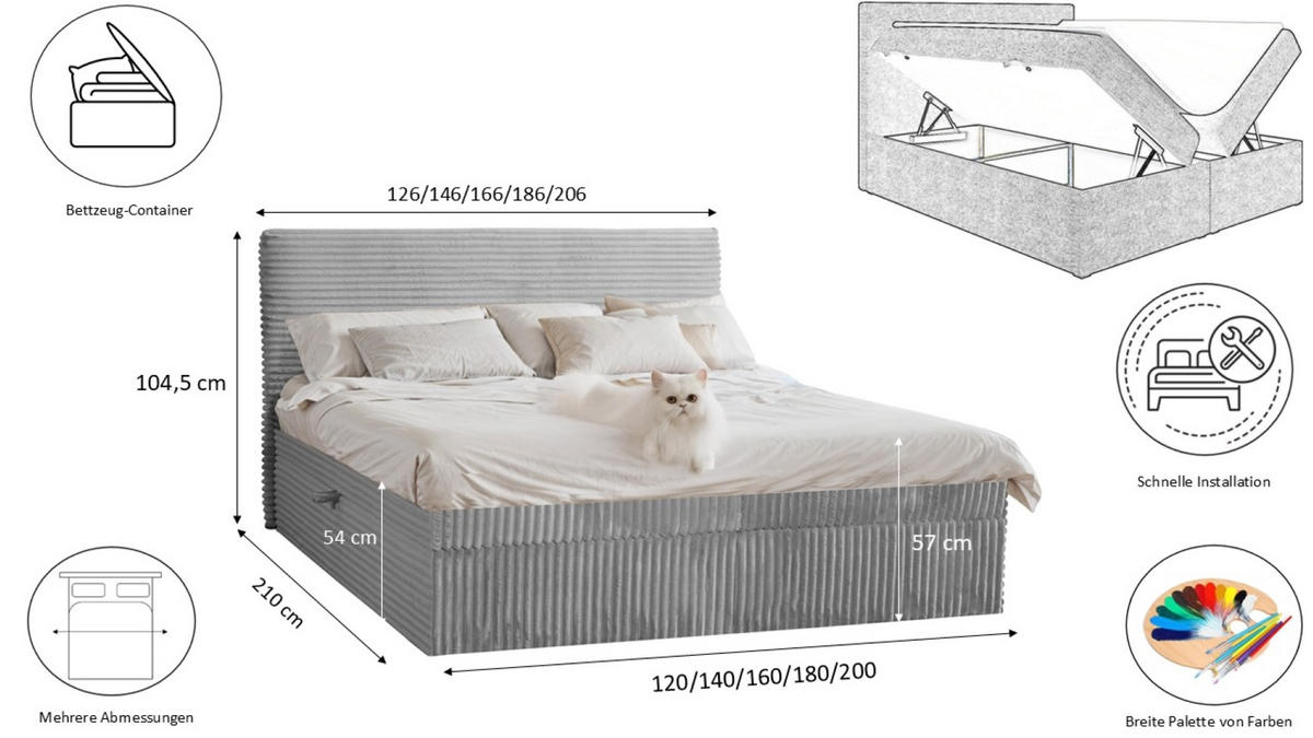 BOXBETT Bettkasten Und Topper TRENTO Ohne Bein Stoff Plüsch Cord 140x200 cm Grau H2-Pocket - Grau, Holz/Textil (140/200cm) - Kaiser Möbel