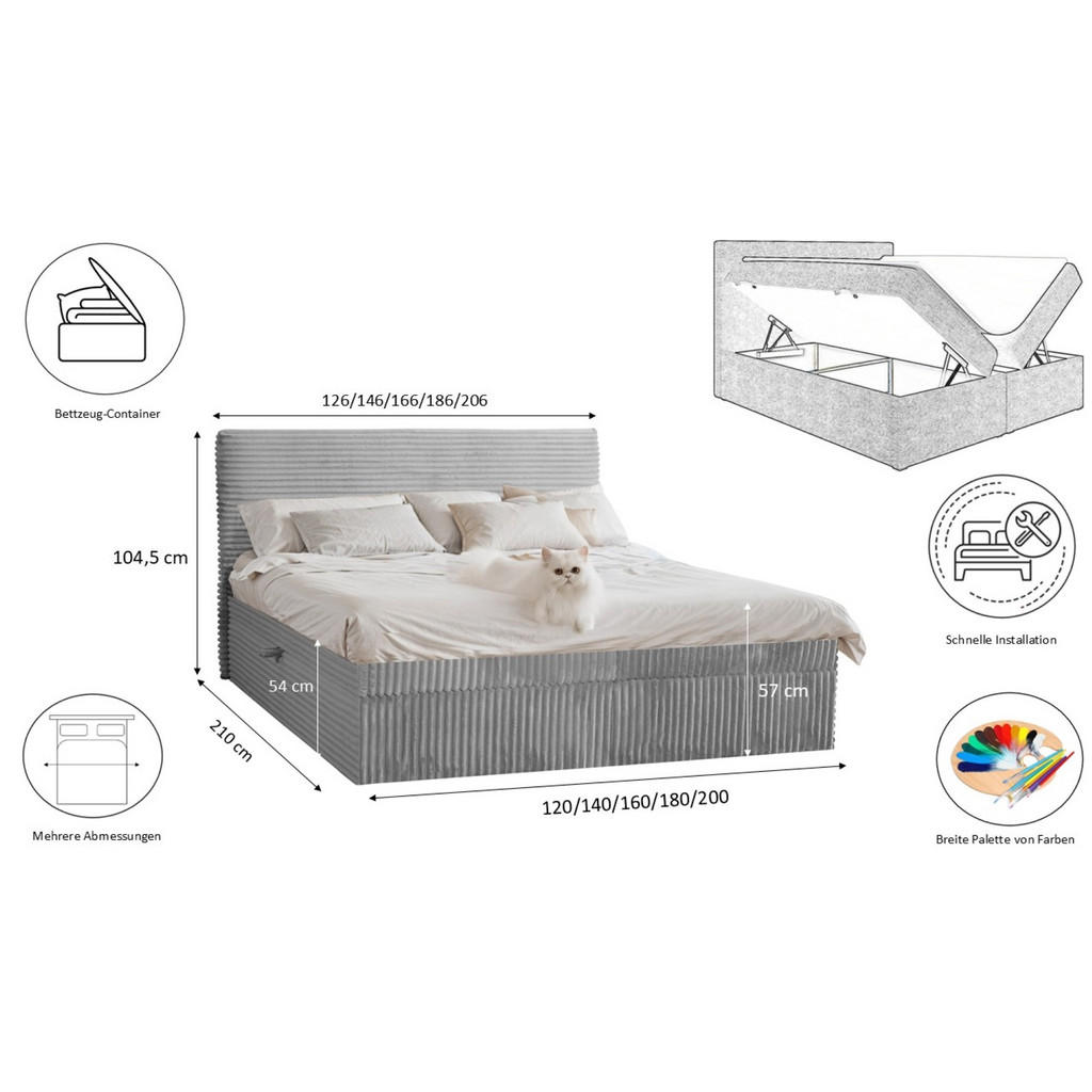 Thumbnail - Kaiser Möbel Boxbett, Grau, Textil, H2, Höhe ca. 20 cm, 120x200 cm, Schlafzimmer, Betten, Boxspringbetten