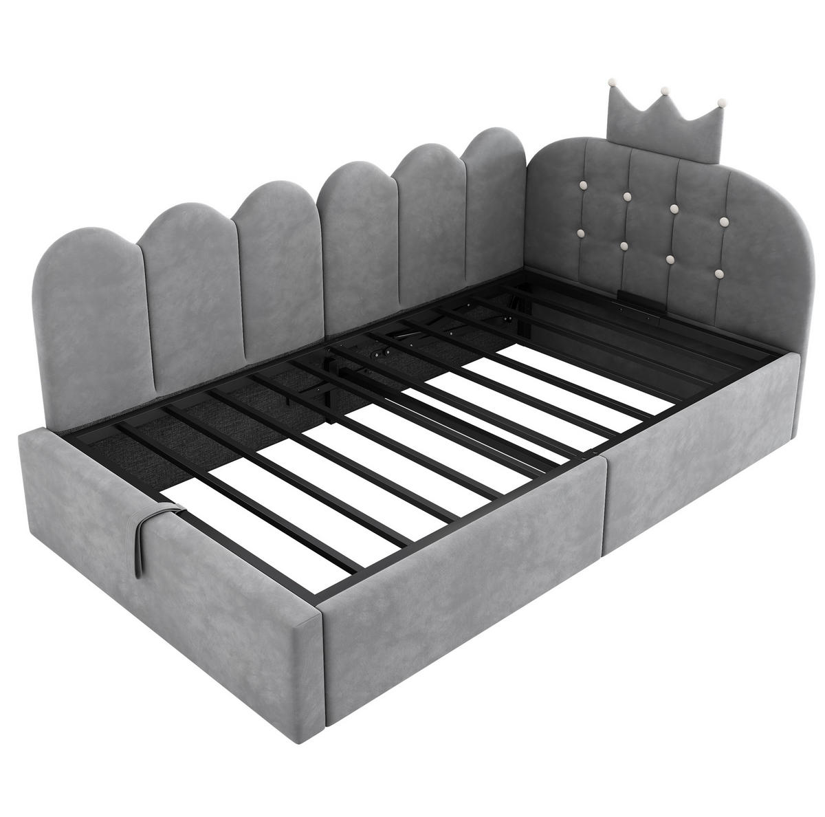 POLSTERBETT aus Samt 90x200 cm Grau mit hydraulischem Stauraum und Kronen-Gitter-Design - Grau, Holzwerkstoff (90/200cm) - Modfu