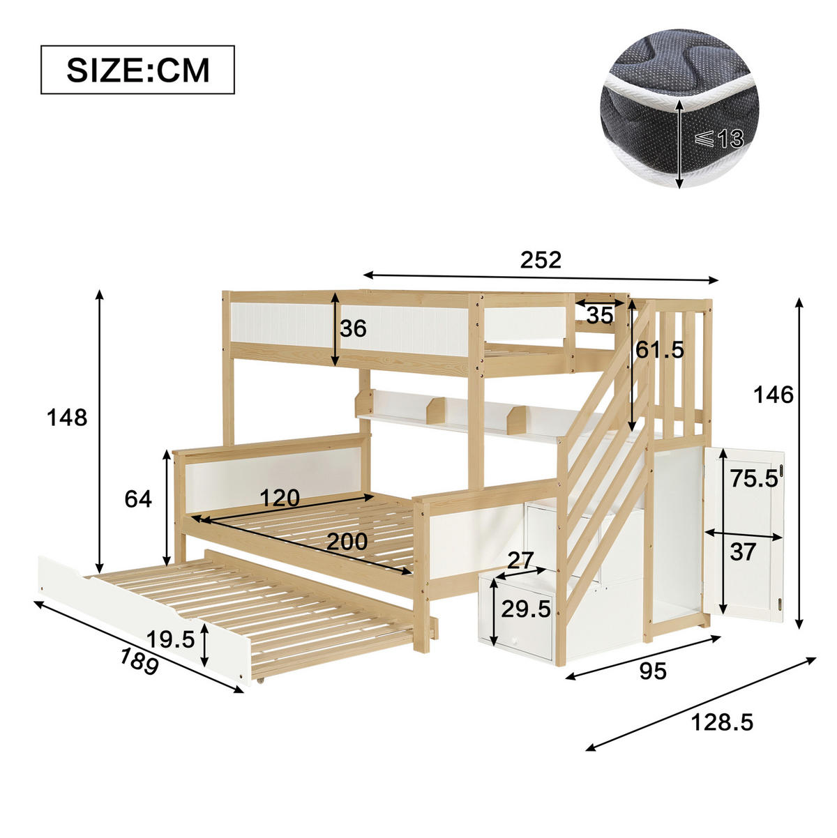 ETAGENBETT 90/200 & 120/200 cm Weiß Natur mit Rollbett und Stauraumtreppe aus Kiefer+MDF - Weiß, Holzwerkstoff (90/200cm) - OKWISH