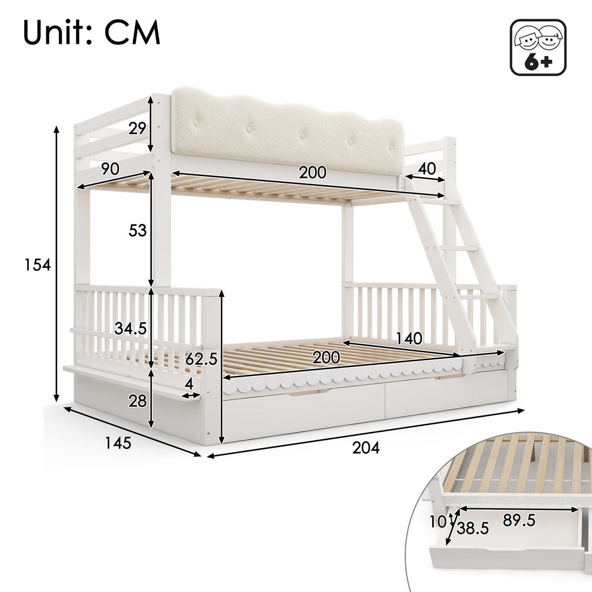 ETAGENBETT 90/200 cm & 140/200 cm in Weiß mit Schubladen und Zeitschriftenständer - Weiß, Holz/Holzwerkstoff (140/200cm) - CHICFURN