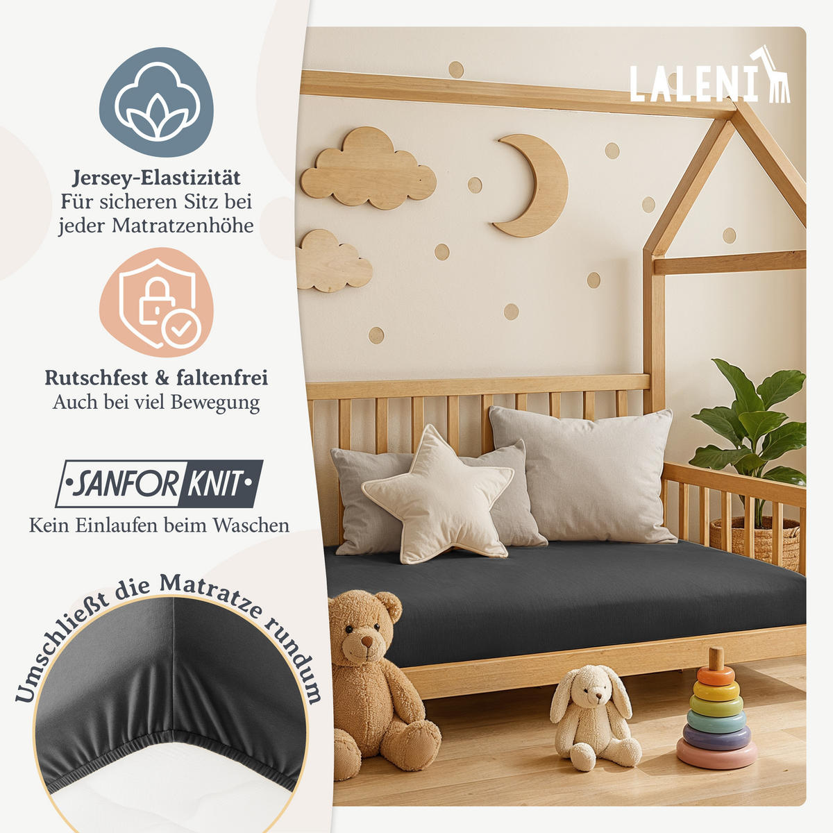 SPANNBETTLAKEN für Beistellbett & Stubenwagen – 100% Baumwolle, Atmungsaktiv & Weich, 50x89x10 cm, Anthrazit - Anthrazit, Textil (50/89cm) - Laleni