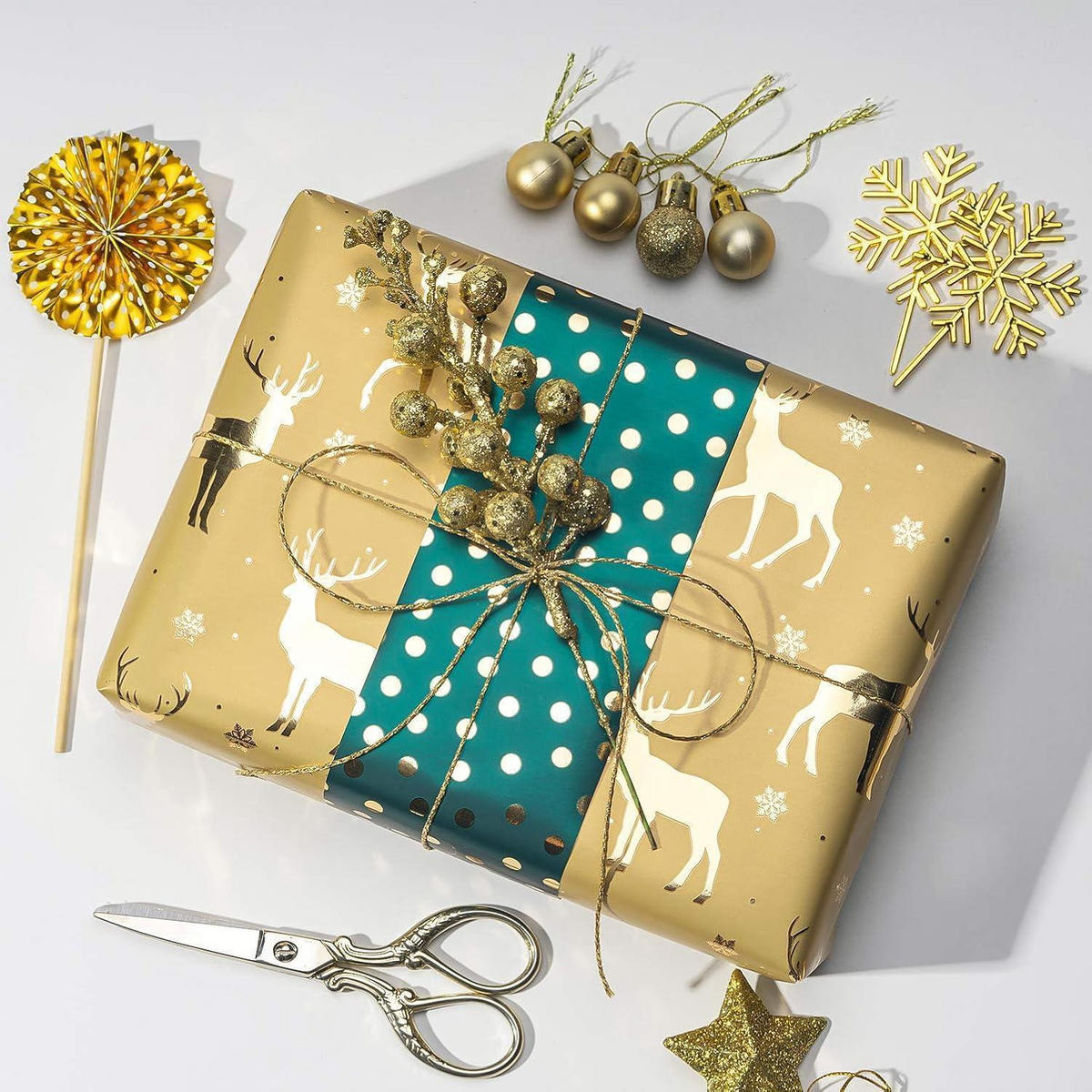GESCHENKPAPIER 4 Rollen Gold & Grün 76 cm x 305 cm - Multicolor, Papier (4/76/15cm)