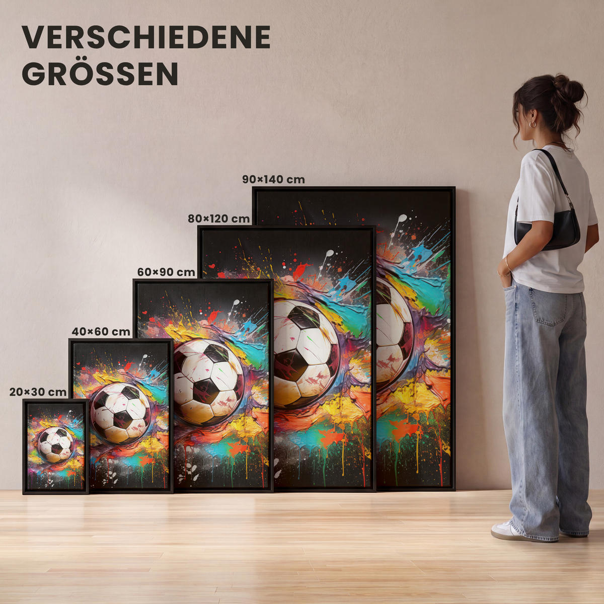 LEINWAND Bilder mit Rahmen - Fußball - Farbe - Farben - Schwarz - Weiß - 60x90 - Weiß, Textil (60/90cm) - MuchoWow