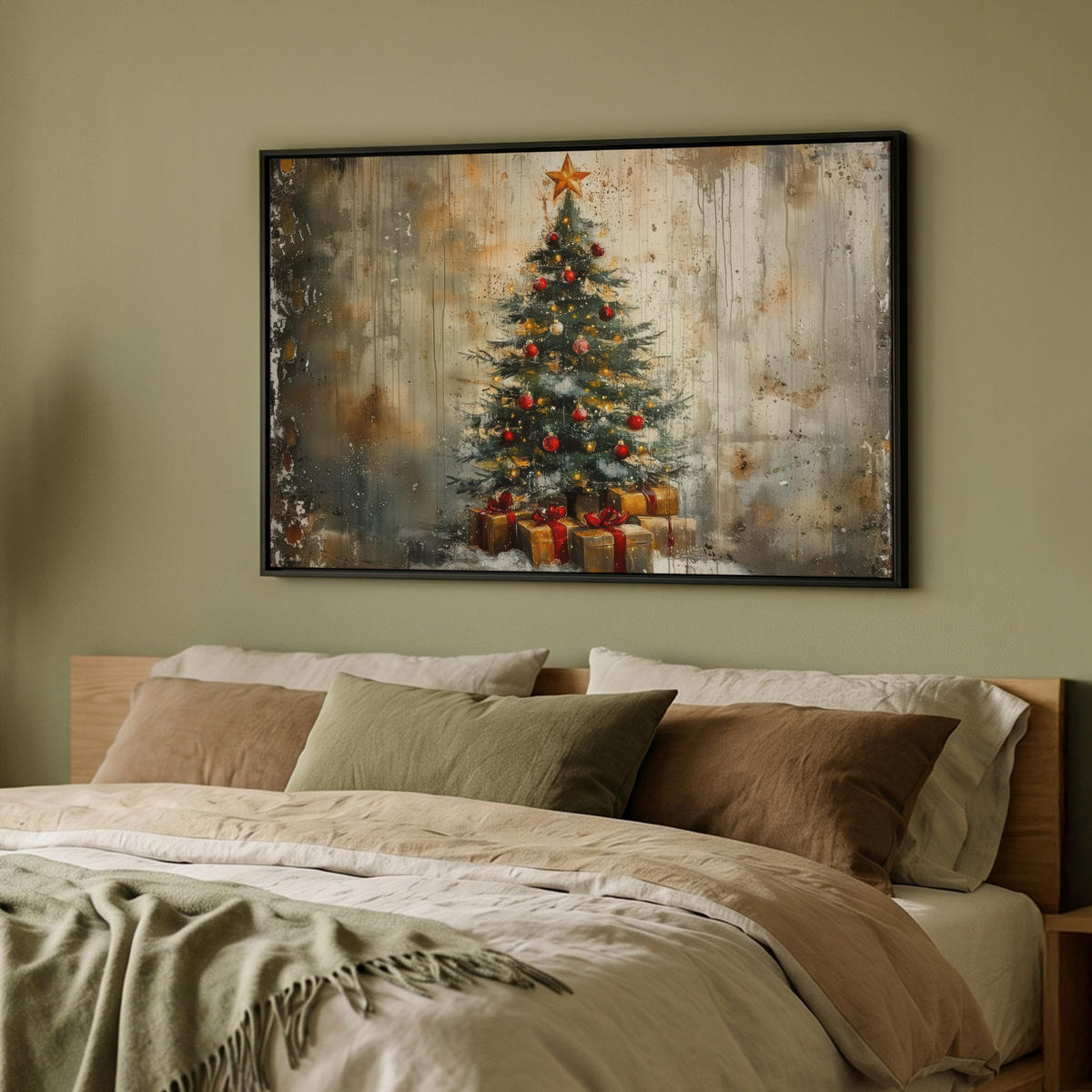 LEINWAND Bilder mit Rahmen - Weihnachtsbaum - Vintage - Weihnachten - Geschenk - 90x60 - Rostfarben, Textil (90/60cm) - MuchoWow