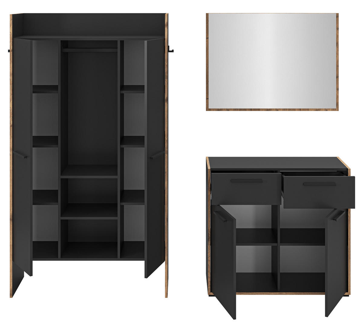 GARDEROBEN-SET 3-teilig grau, Eiche Nox 215 cm, Komplettset mit viel Stauraum - Eichefarben/Schwarz, Glas/Holzwerkstoff (215/189/37cm) - Inn.Furn