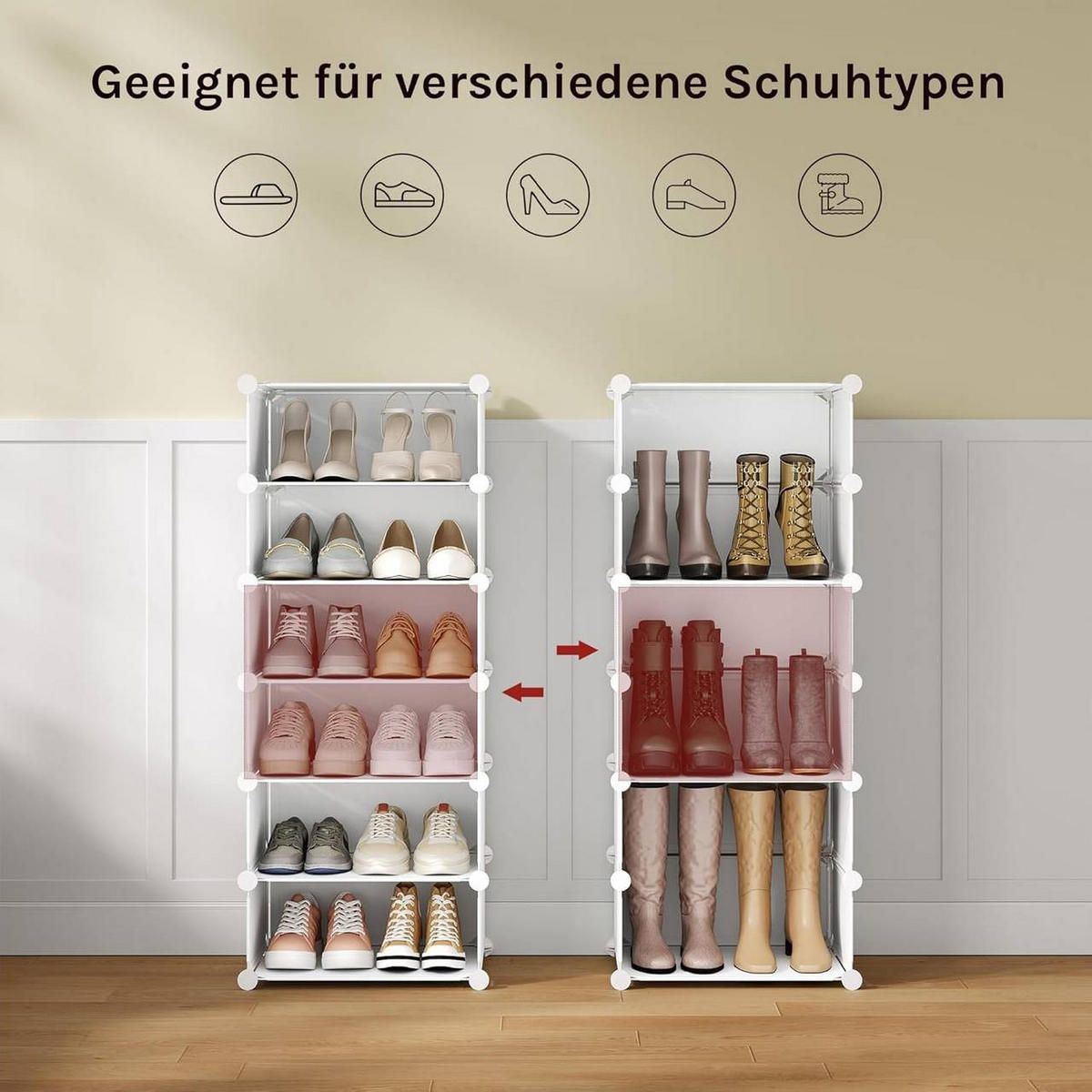 SCHUHBOX 10 Fächer, mit Haken, 40x30x170 cm, Weiß - Weiß, Kunststoff/Metall (40/170/30cm) - Woltu