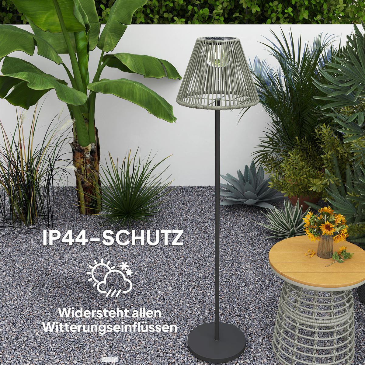 STEHLAMPE aus Rattan, Solarlampen mit Lichtsensor 25 LED-Lichte IP44 - Grau, Metall (33/33/135cm)
