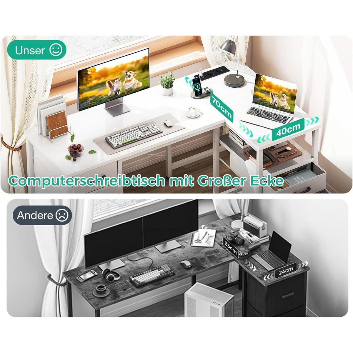 ECKSCHREIBTISCH L-Form Weiß 140x70cm mit USB-Anschluss und Stoffschubladen - Weiß, Holzwerkstoff (140/70/75.2cm)