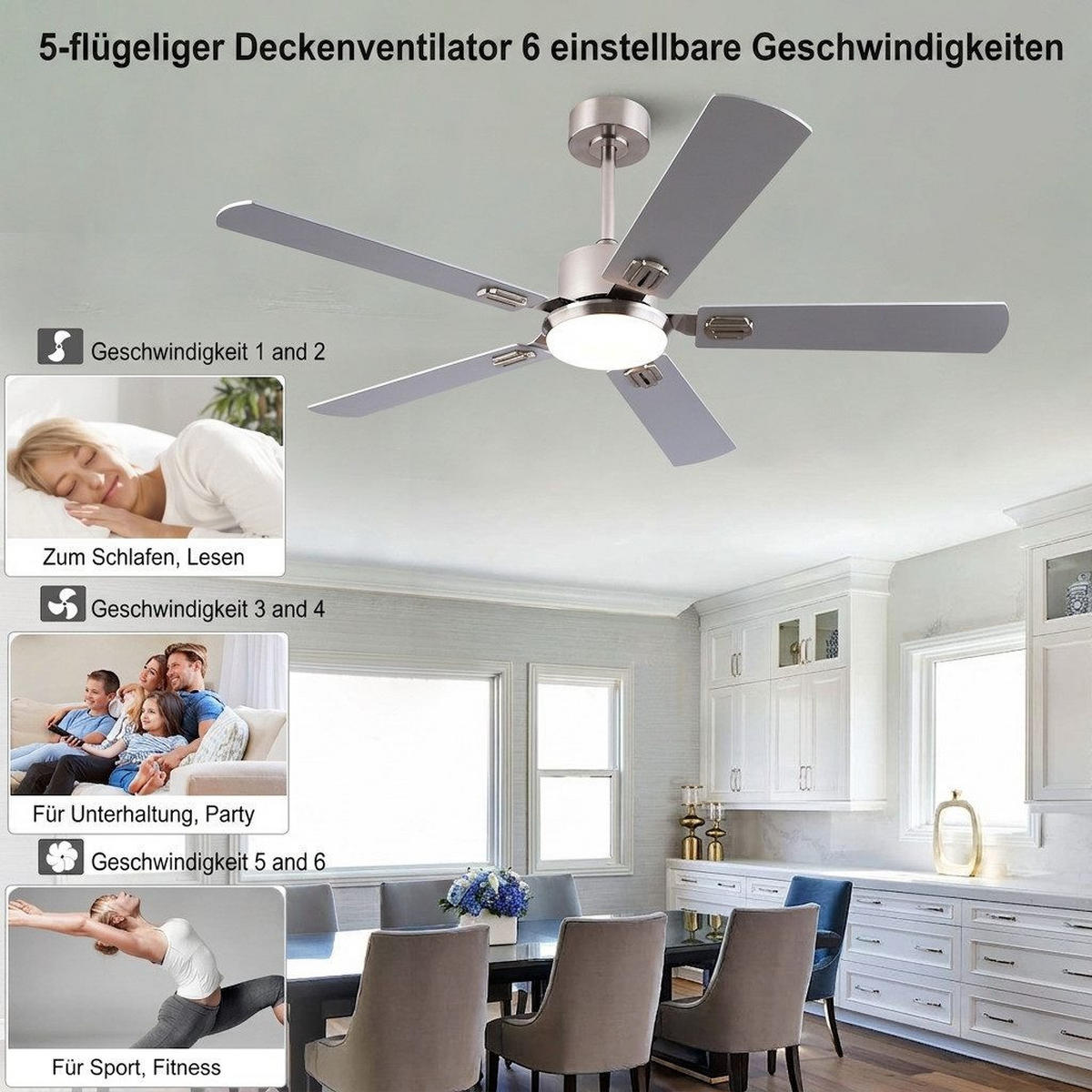 DECKENVENTILATOR mit LED-Licht 3 Farben und Fernbedienung DC-Motor - Silberfarben, Metall (132/132/46cm) - BEXEVUE