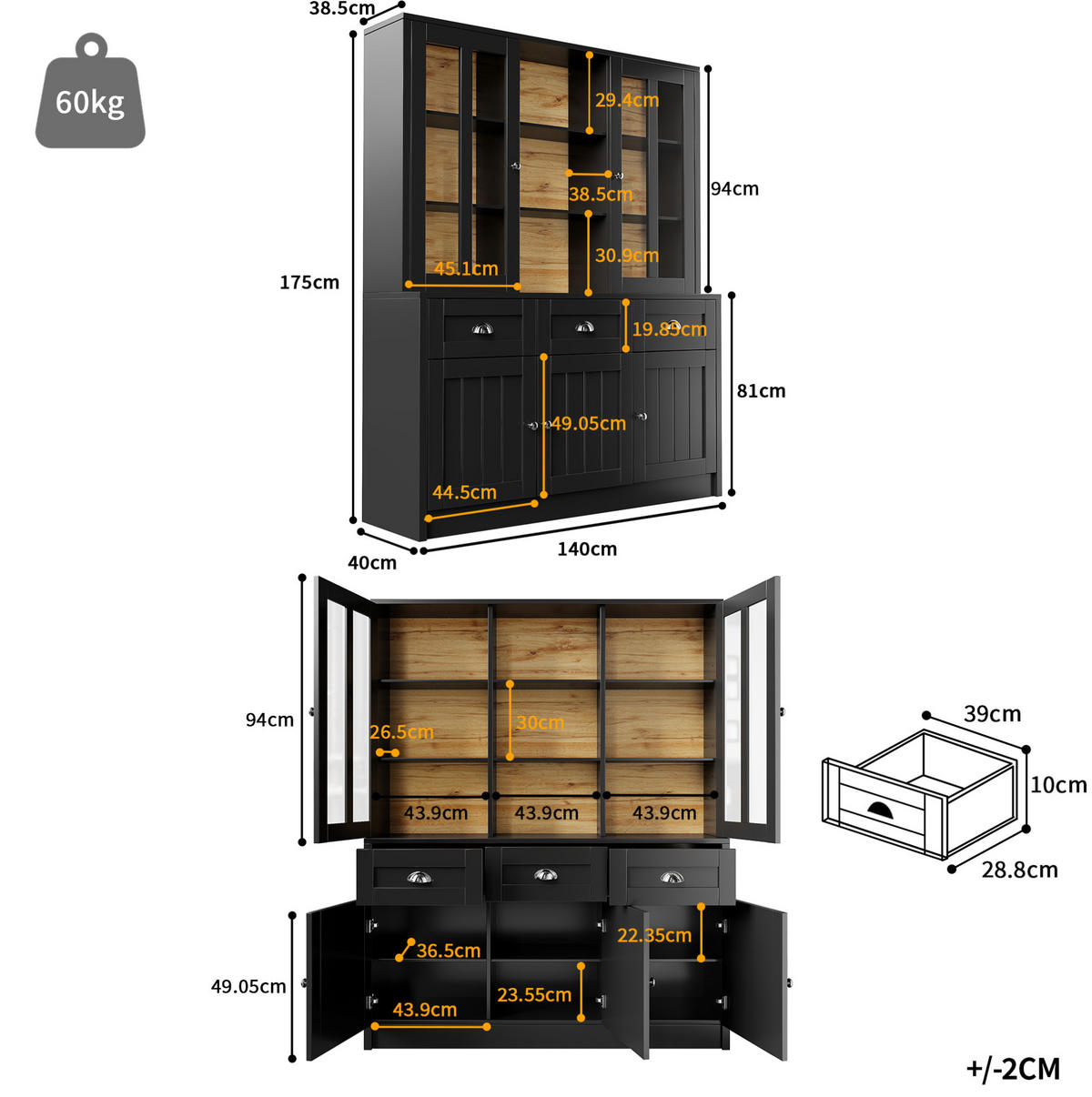 HOCHSCHRANK mit Acryltüren MDF Schwarz 3 Pakete - Schwarz, Holzwerkstoff (38.5/175/140cm) - Meubliv