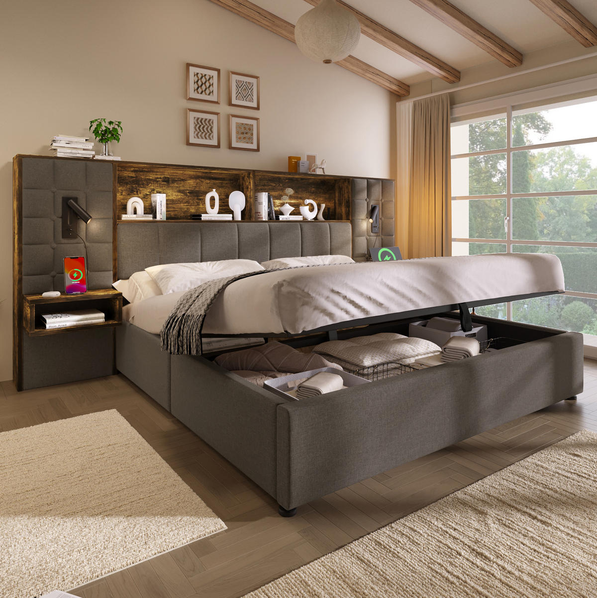 POLSTERBETT 160/200 cm aus Leinen mit Stauraum LED-Leselampen und Nachttischen Grau - Flieder, Textil (160/200cm) - Modenvie