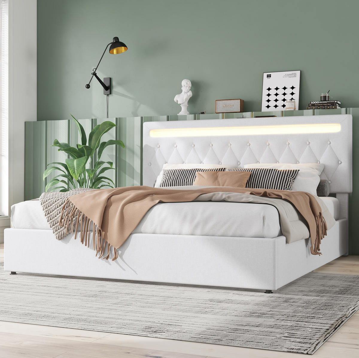 POLSTERBETT aus Leinen und MDF 180x200 cm Weiß mit hydraulischem Stauraum, LED-Beleuchtung und USB-Anschlüssen - Weiß, Textil (180/200cm) - IVMEU