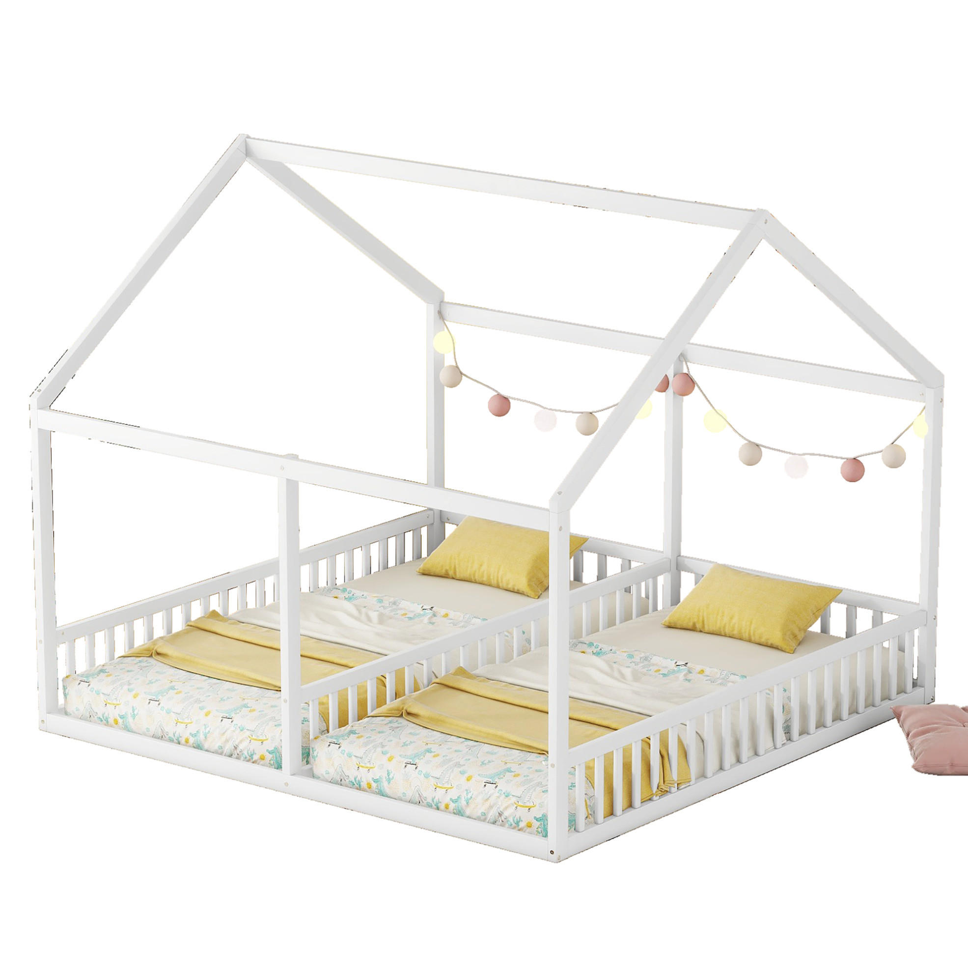 HAUSBETT 90/200 cm in Weiß, 2-in-1-Design mit Schutzgitter - Weiß, Holz (90/200cm) - Flora Grace