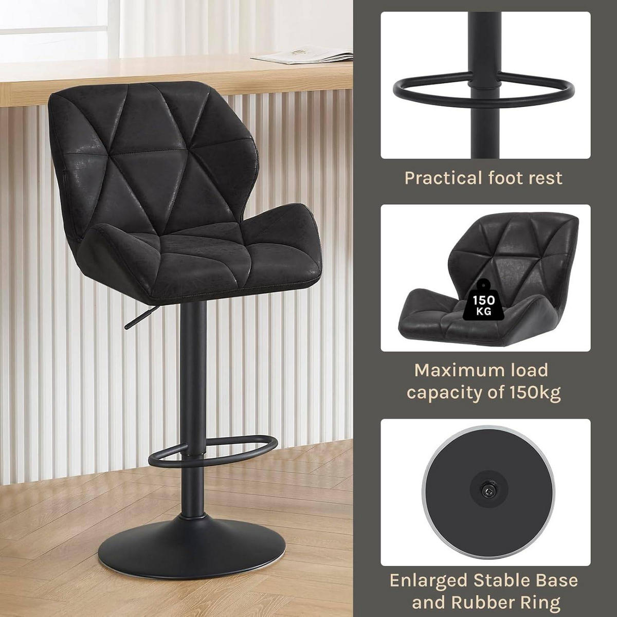 BARHOCKER 2er Set, höhenverstellbar,drehbar,Kunstleder Stahl - Schwarz, Metall (50/94/41cm) - Woltu