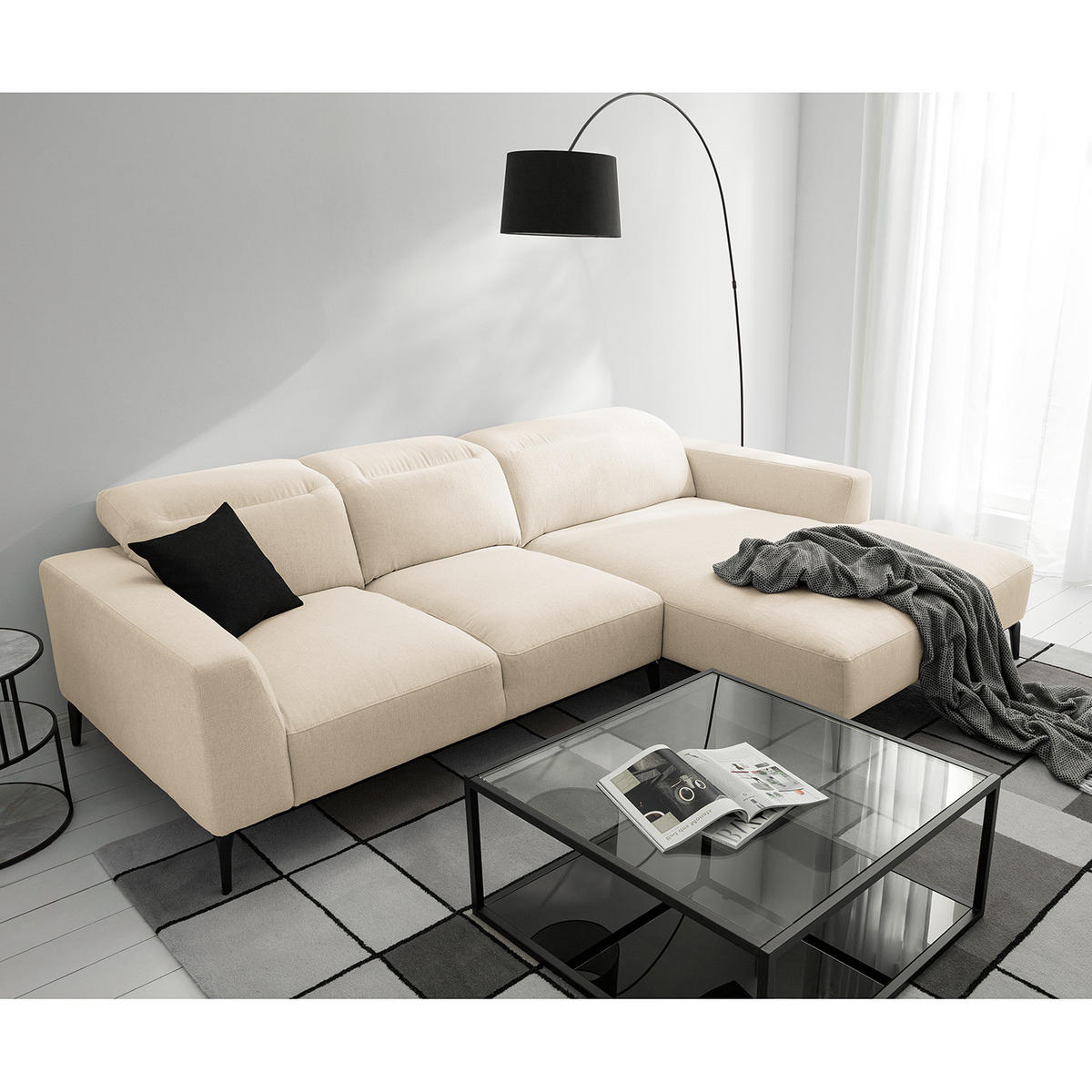 ECKSOFA mit Longchair - Beige/Schwarz, Textil/Metall (265/180cm) - home24