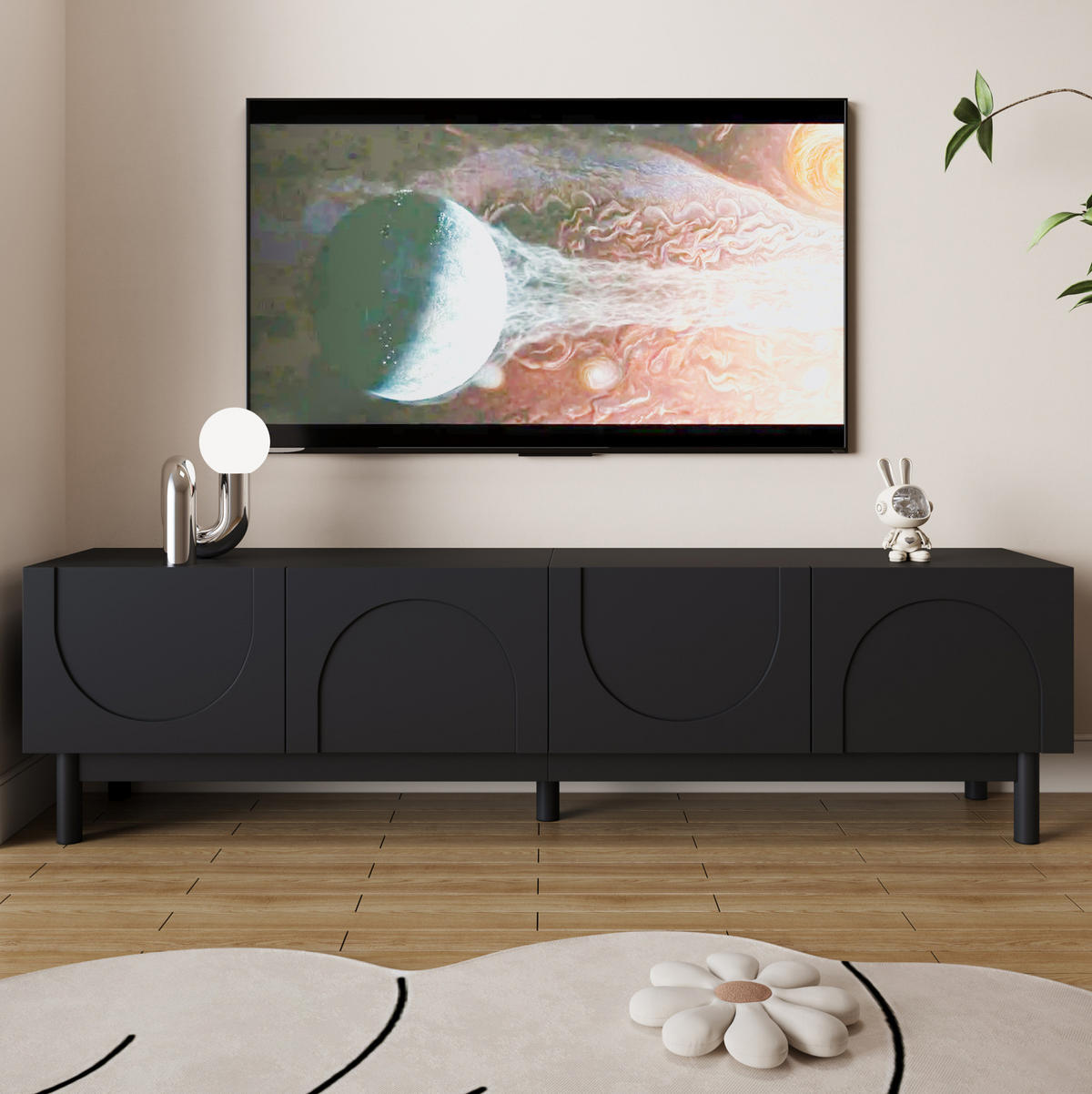 TV-LOWBOARD aus MDF und Holzwerkstoff 169x34x45,5 cm Schwarz mit 4 Türen und viel Stauraum - Schwarz, Holzwerkstoff (169/45.5/35cm) - Modfu