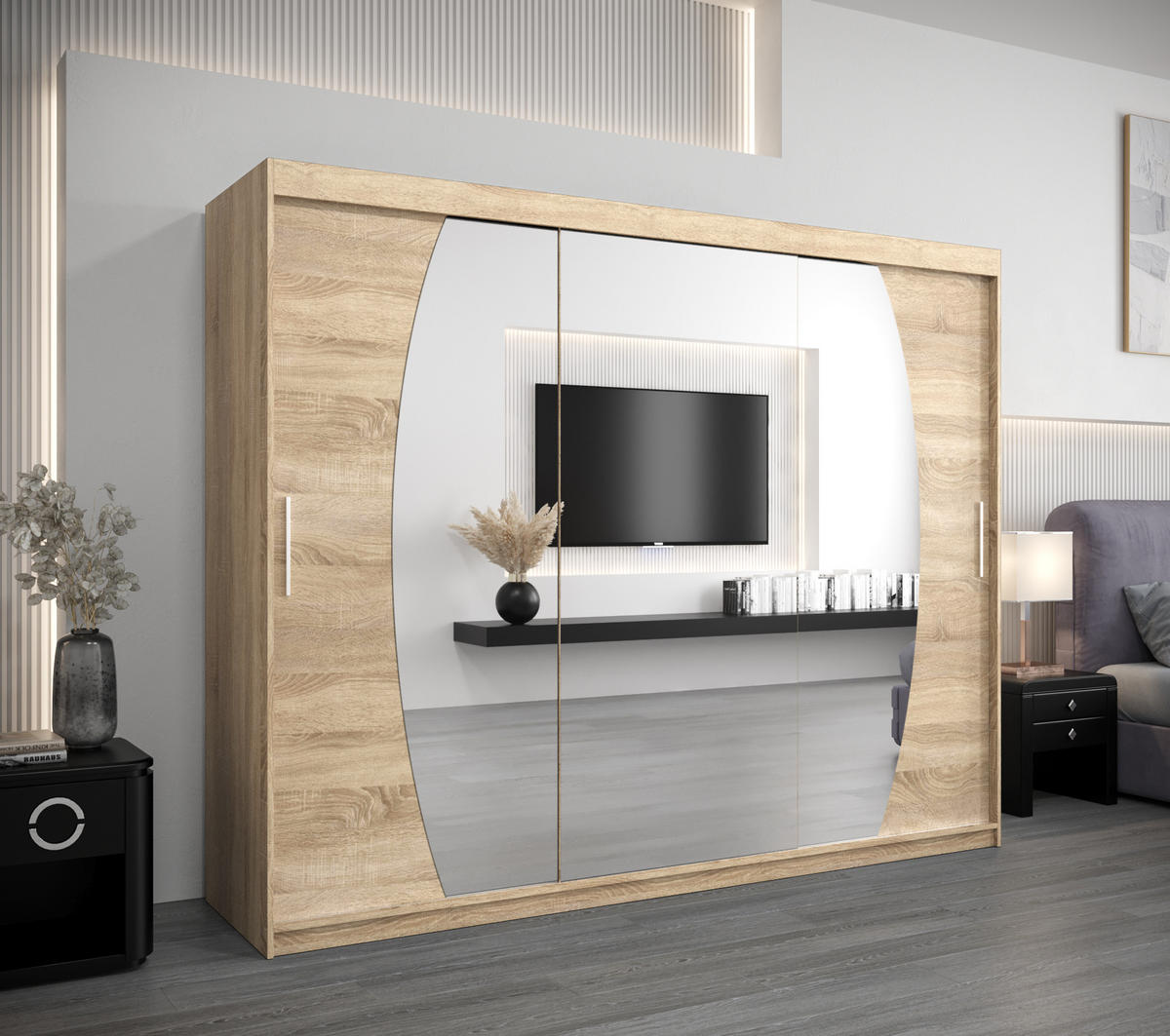 SCHWEBETÜRENSCHRANK 200/250/62 3-türig - Silberfarben/Sonoma Eiche, Holz/Kunststoff (250/200/62cm) - MÖBEL KRYSPOL