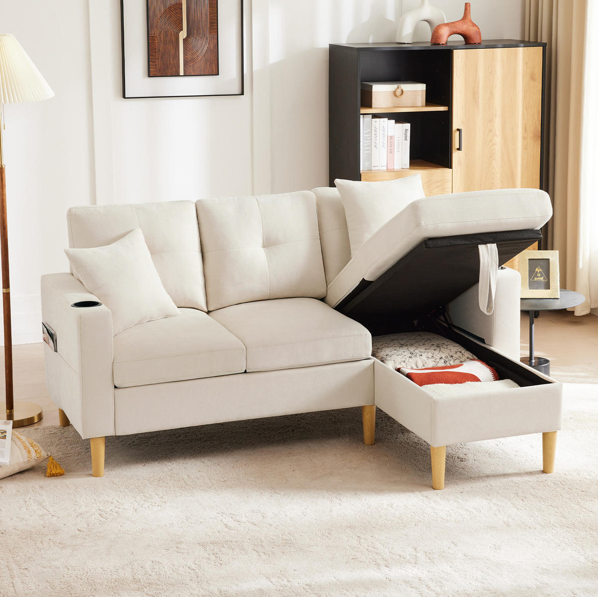 ECKSOFA 175/129/90 cm Beige aus Baumwoll-Leinen mit Stauraum - Beige, Textil (129/175cm) - OKWISH