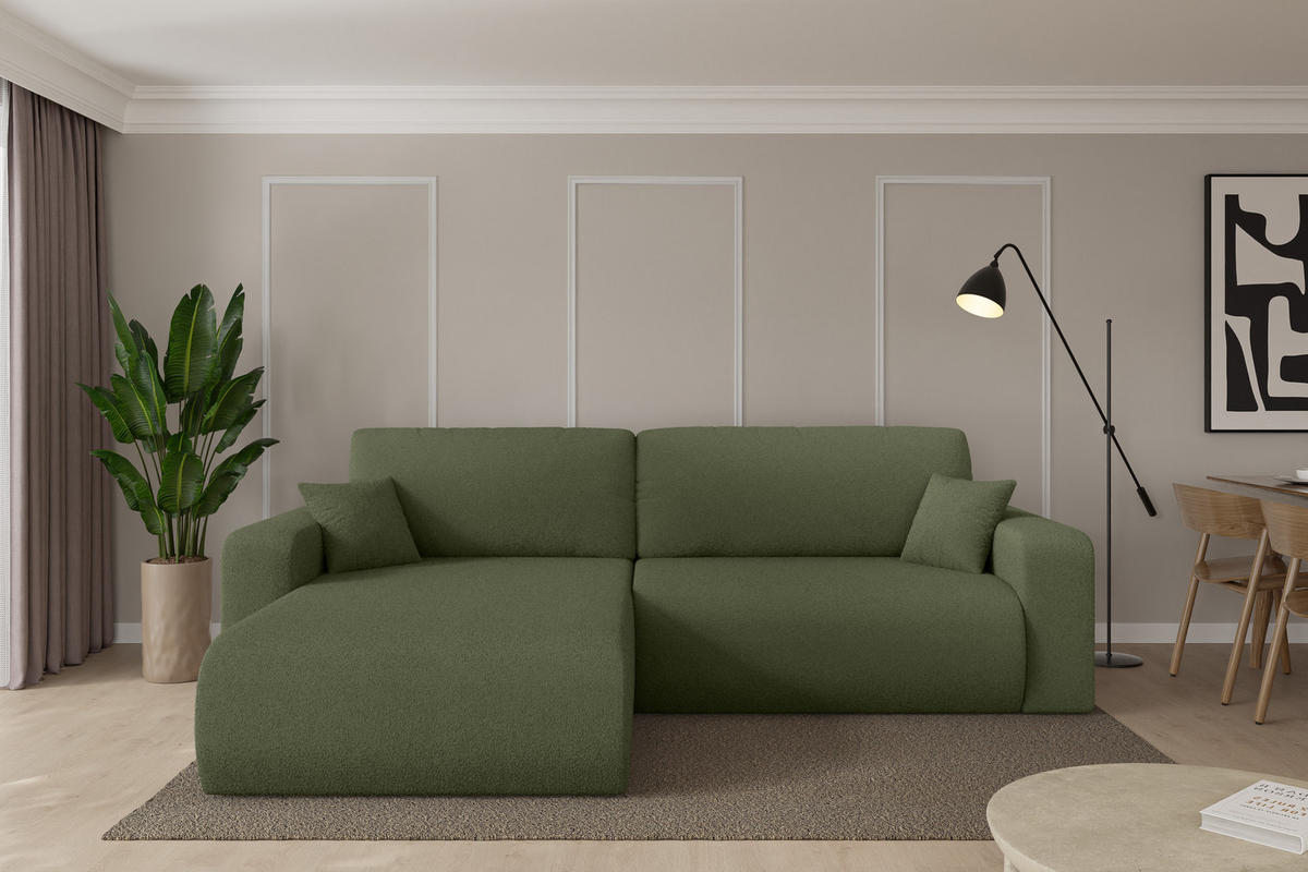 ROHOVÁ SEDAČKA s funkcí spaní, otoman vlevo BERY-L 276x193x88 zelená bouclé - černá/zelená barva, kompozitní dřevo/textil (276/193cm) - ALTDECOR