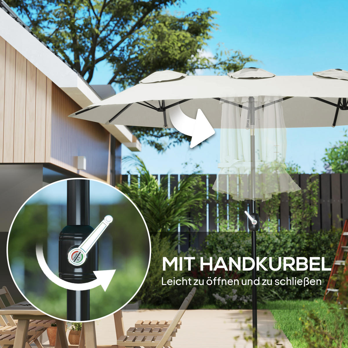 DOPPELSONNENSCHIRM mit Handkurbel Weiß 295/152/222 cm - Creme, Metall (152/295cm) - Outsunny