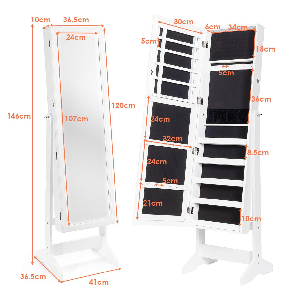 SCHMUCKSCHRANK Weiß MDF 41/36.5/146 cm - Weiß, Holzwerkstoff (36.5/146/41cm) - Gemütlich Home