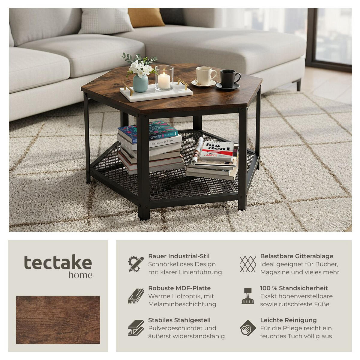 COUCHTISCH Norwich,86,5 x 75 x 46,5 cm,Industrial Holz dunkel, rustikal - Rostfarben, Holz (75/86.5/46.5cm) - tectake