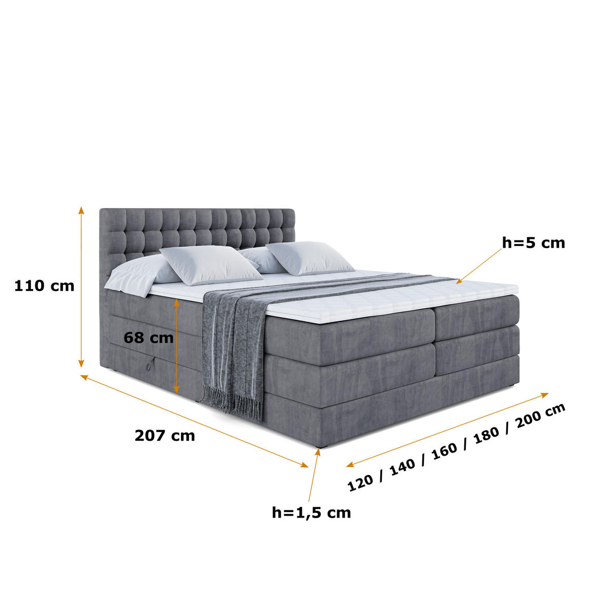BOXSPRINGBETT VIONE KING - 160 x 200 - H3/H4 - Dunkelgrau - Dunkelgrau, Holzwerkstoff (160/200cm) - ALTDECOR