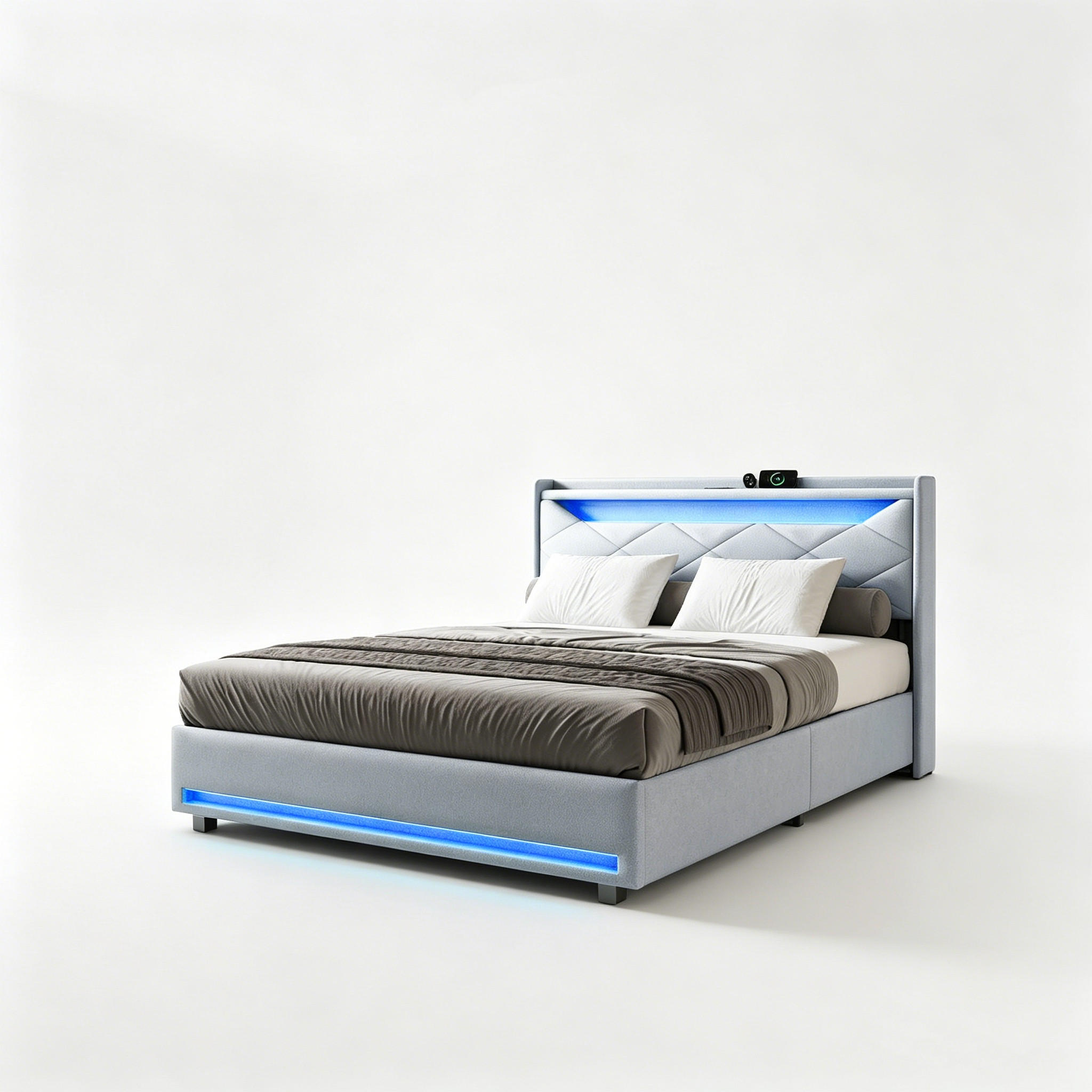 POLSTERBETT 140x200 cm Grau mit LED，USB-Anschluss &Stauraum - Grau, Holz/Textil (140/200cm) - PARAFTA HOME
