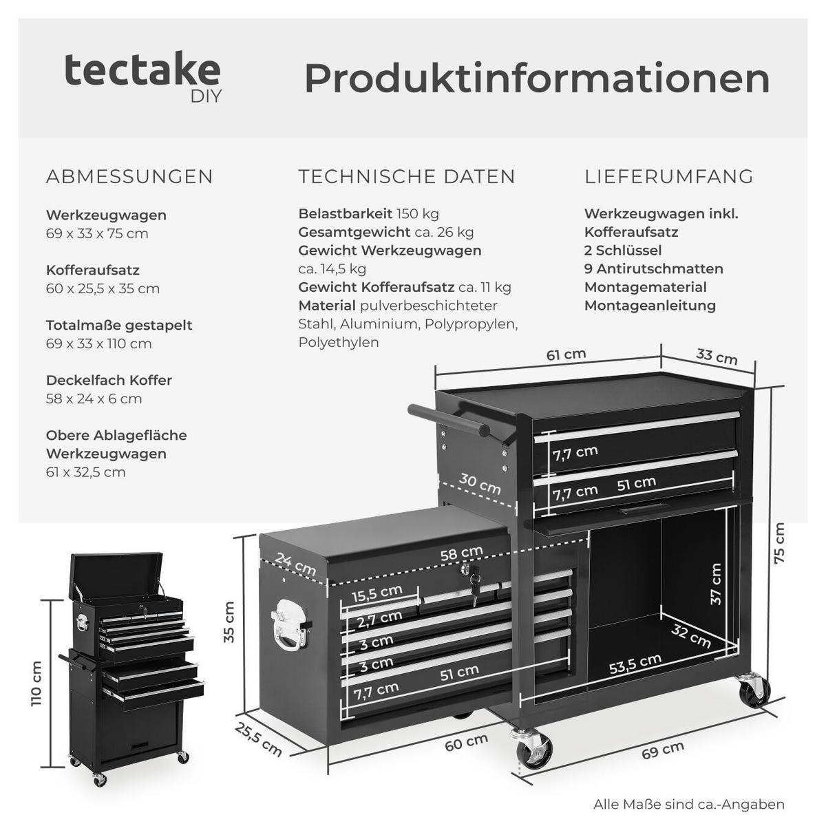 WERKZEUGWAGEN ,Rollen Ø 100 mm,schwarz - Schwarz, Metall (33/110/69cm) - tectake
