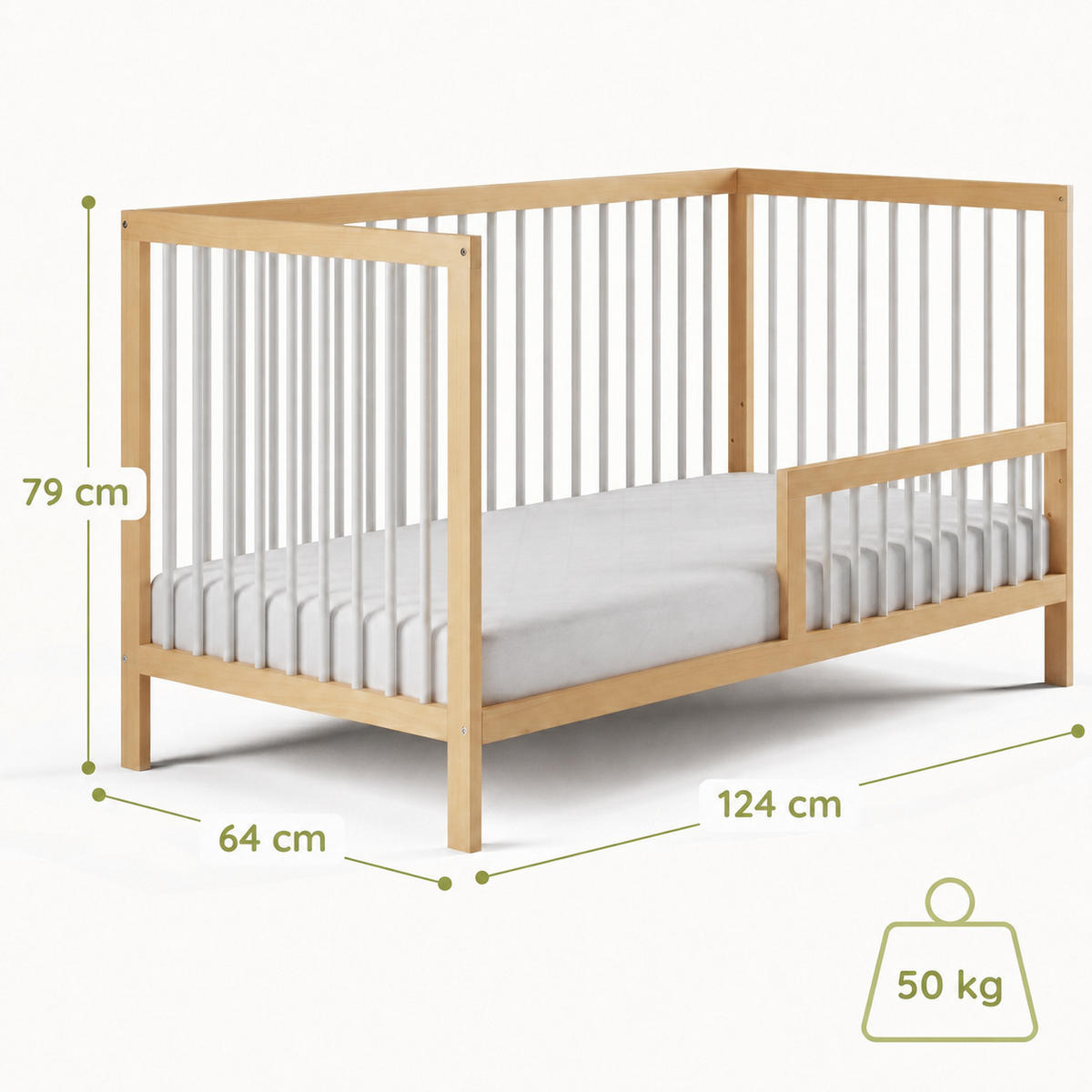 BABYPOSTIEĽKA s polovičnou bočnou zábranou 60x120 cm v prírodno-bielej farbe - biela/prírodná farba, drevo (60/120cm) - Kids Collective