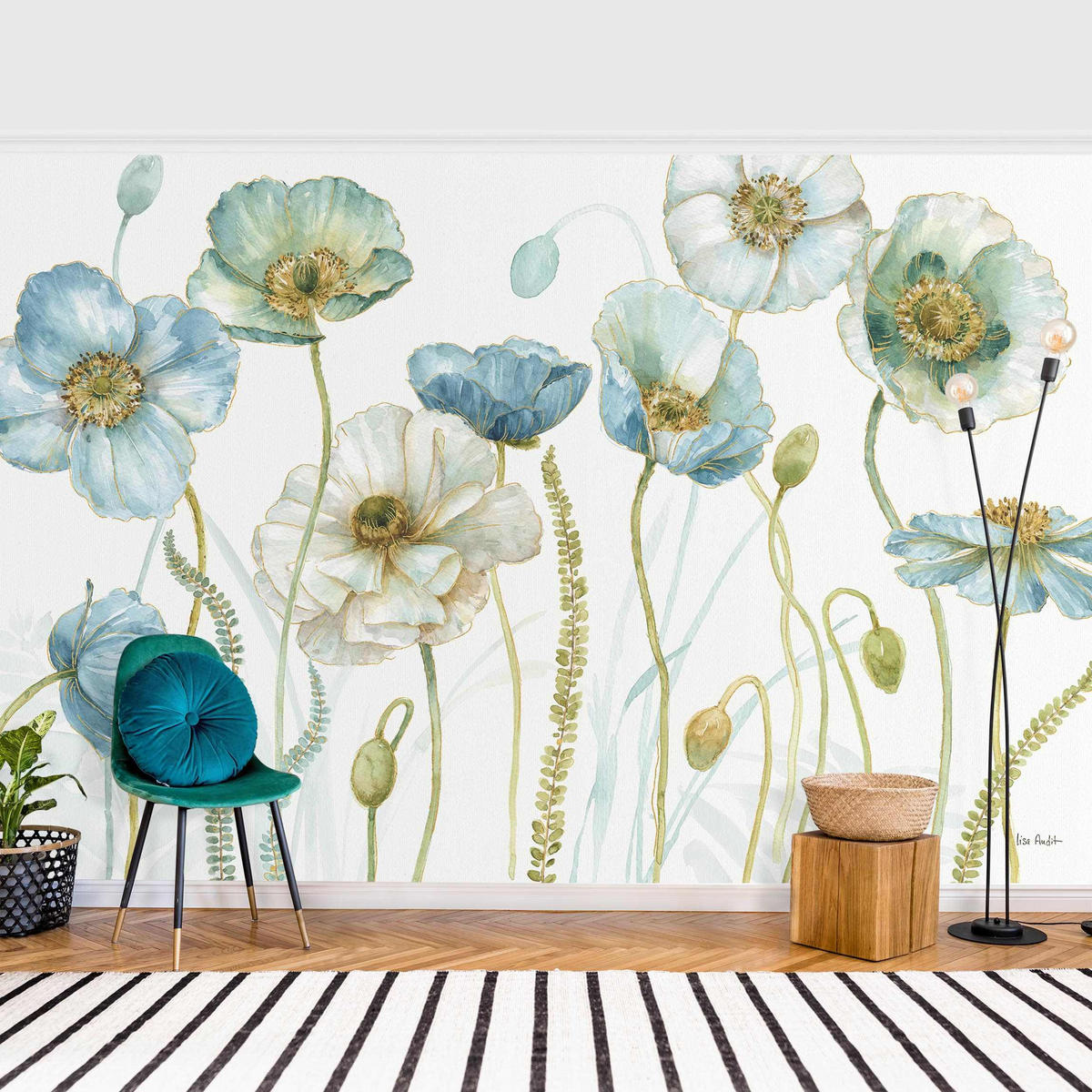 FOTOTAPETE Blüten in Gold und Blau 384/255 cm - Pastellblau, Papier (384/255cm) - Bilderwelten