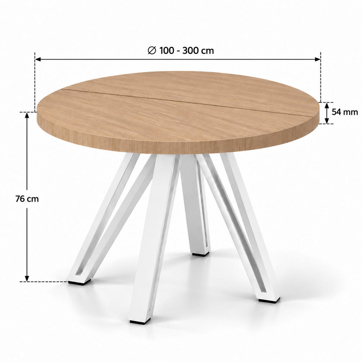 ESSTISCH rund ausziehbar 100/300/76 cm, Hellbraun Eiche Hikora Egger, 54 cm Tischplatte + Industrial Metallgestell Weiß - Hellbraun/Eichefarben, Holzwerkstoff/Metall (100/300/76cm) - Damale Möbel
