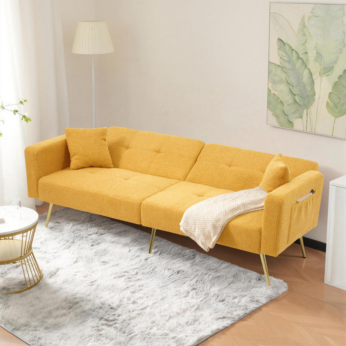 SCHLAFSOFA mit Bettfunktion, Kissen und goldfarbenen Beinen - Gelb, Kunststoff (175/72/64cm)