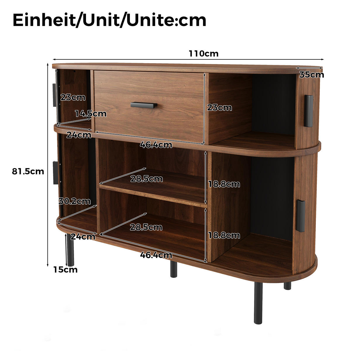 SIDEBOARD Ořechové dvouúrovňové s posuvnými dvířky - barva vlašského ořechu, kompozitní dřevo (110/81.5/35cm) - Urban Meuble