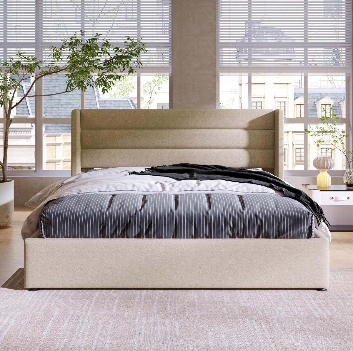 BETT mit Bettkasten 140x200 cm Leinen Beige - Beige, Metall (140/200cm) - Meubliv