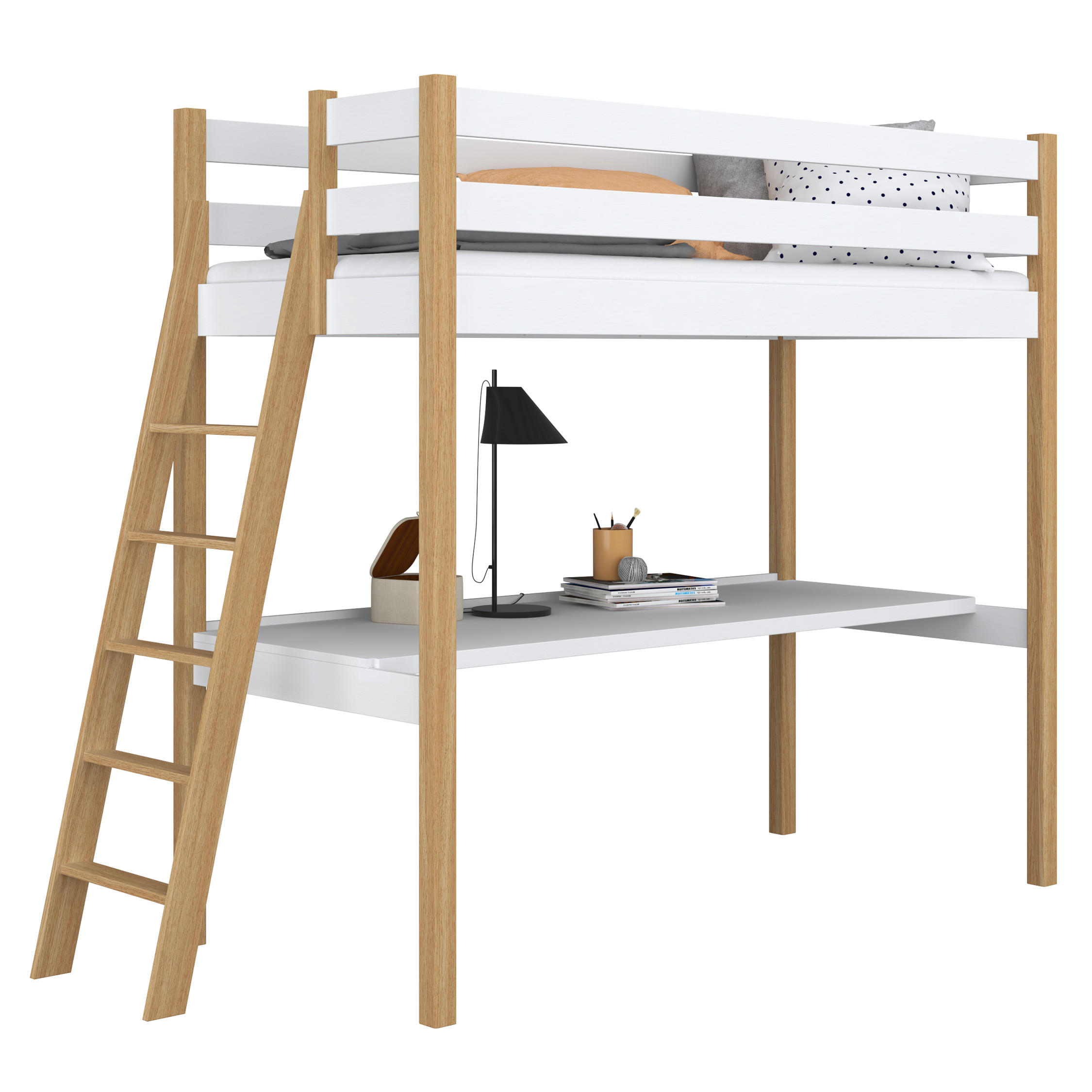 HOCHBETT N02 mit Schreibtisch Weiß / Eiche Natur 90/180 - Eiche Artisan/Weiß, Naturmaterialien/Holz (90/180cm) - N-Wood