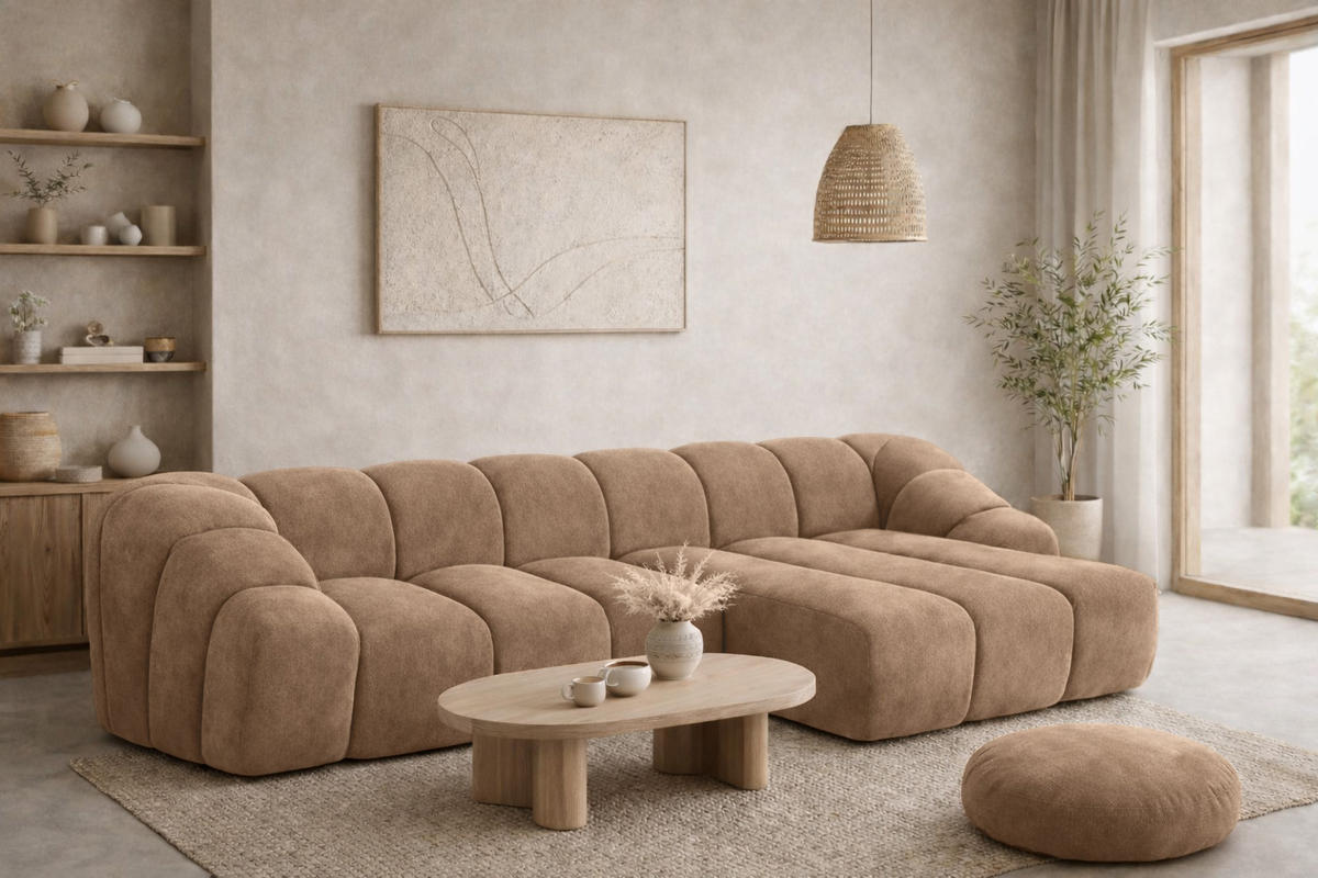 ECKSOFA Modulare L-Form, Veloursstoff Bluvel, Latte, Rechts, CROISSANT L - Hellbraun, Holz (305/190cm) - Kaiser Möbel