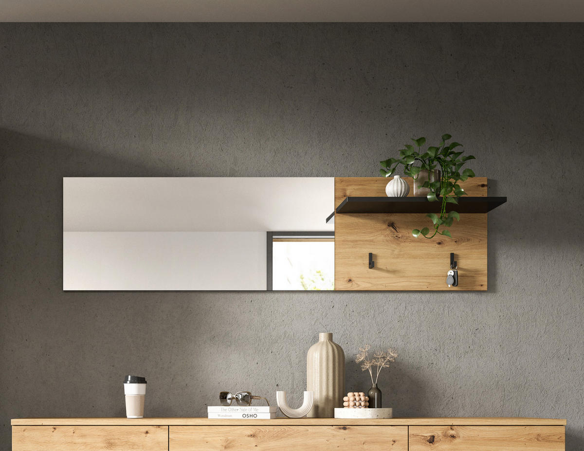 GARDEROBENPANEEL inkl. Spiegel CANU (B/H/T: ca. 150/40/22 cm) in Basalt grau/Artisan Nachbildung - Grau, Holzwerkstoff (150/40/22cm)