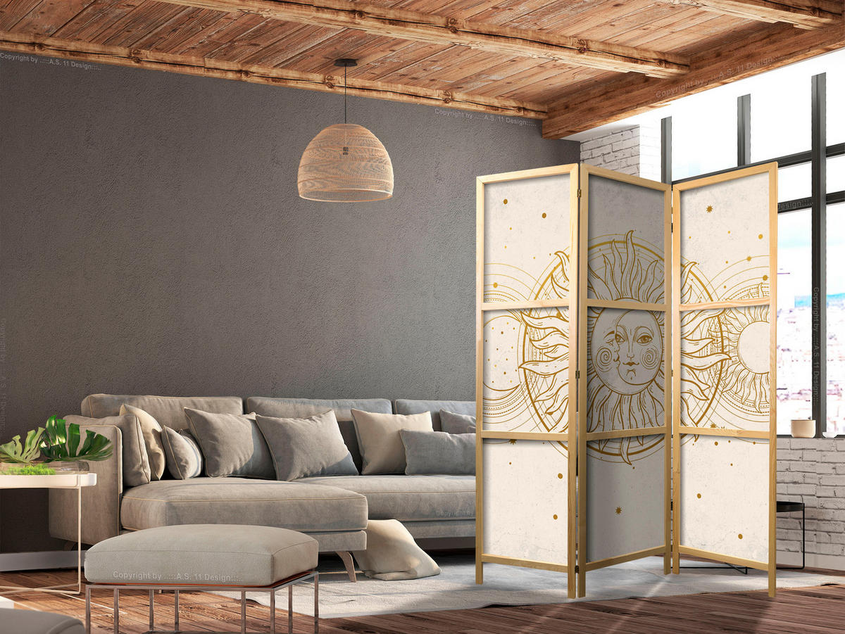 PARAVENT Japanischer 3-tlg 135x172 cm Monde Und Sterne - Beige, Holz/Textil (135/172/3cm) - Muralo