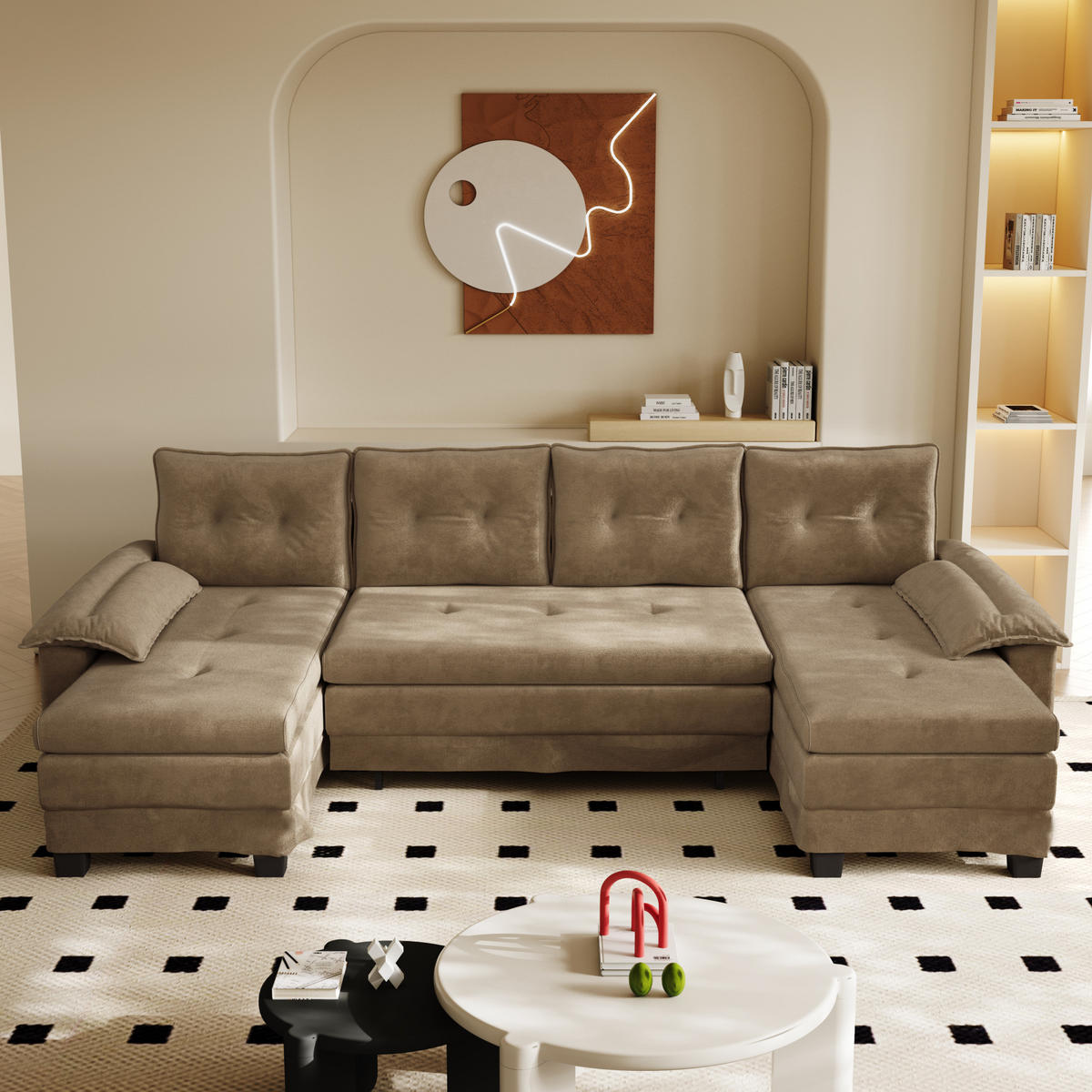 SOFABETT U-Form mit USB 278 x 127 cm Chenille Khaki - Dunkelgrün, Textil (127/87/278cm) - Meubliv
